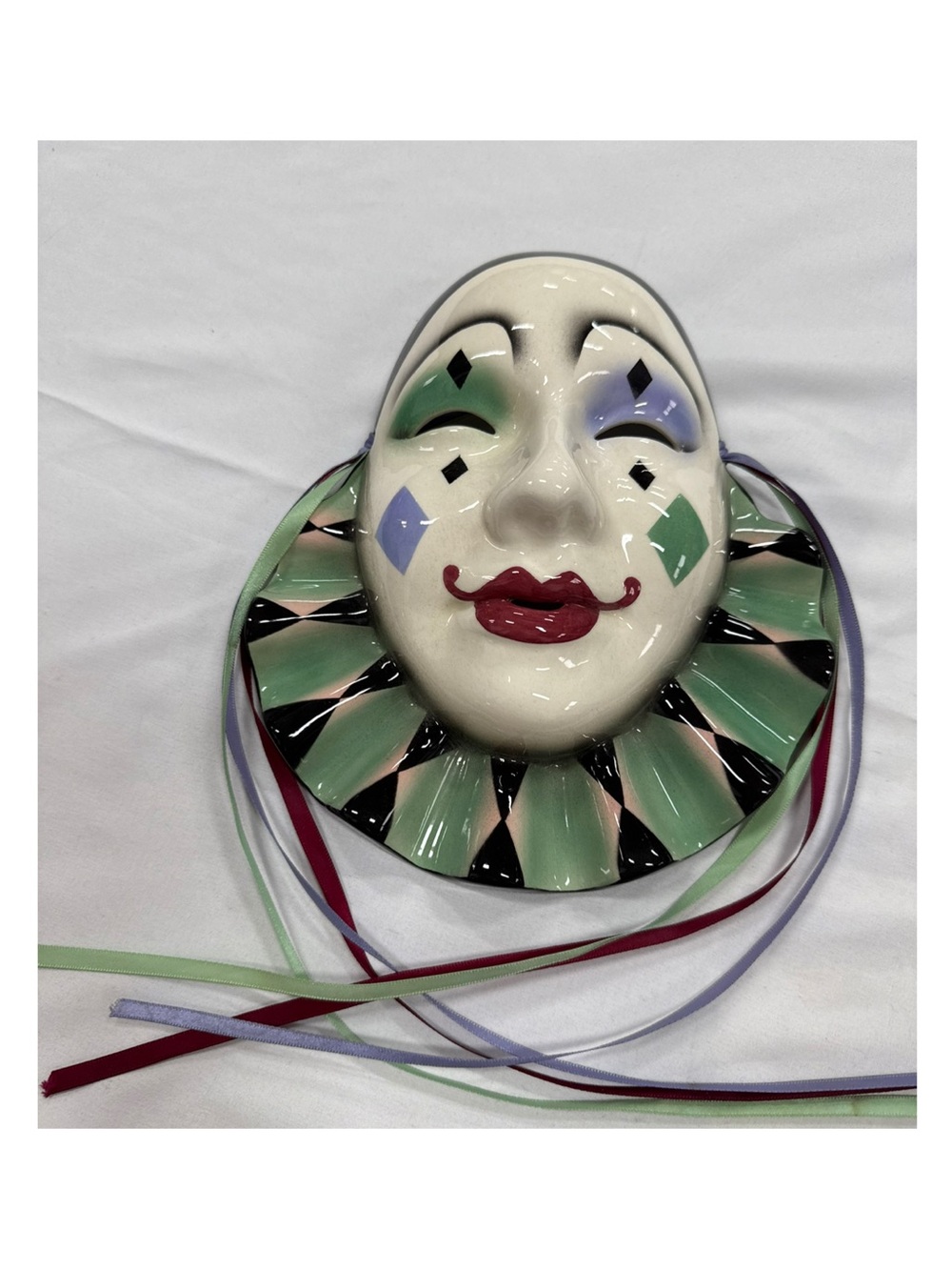 Custom Artist Created Ceramic Harlequin Mask Wall Hanging. Signed snd dated